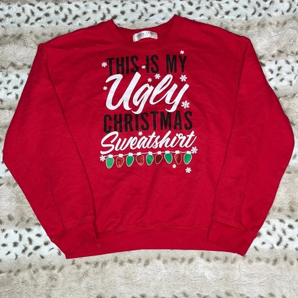 Wound Up Red Ugly Christmas Sweatshirt Graphic Crewneck Juniors Medium 7-9